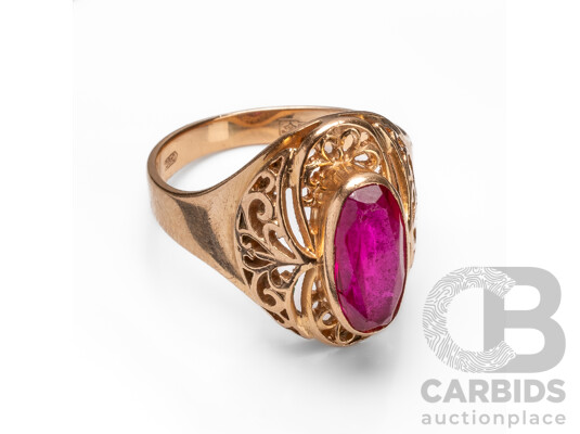 Vintage 14ct Rose Gold & Ruby Signet Ring - Size P.5