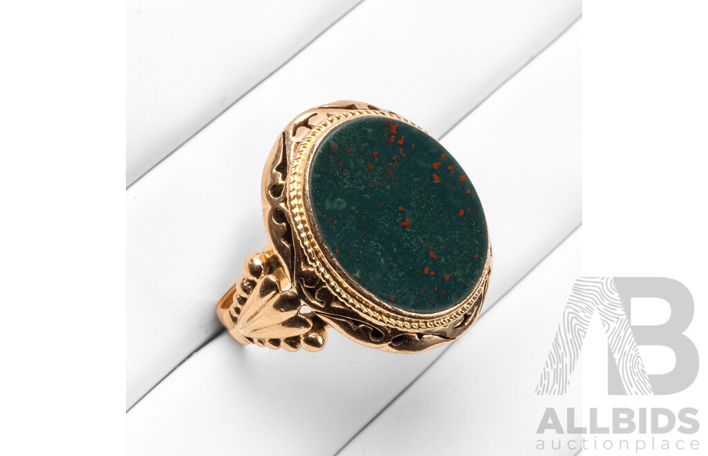 Vintage Handmade 14ct Yellow Gold & Bloodstone Signet Ring - Size S