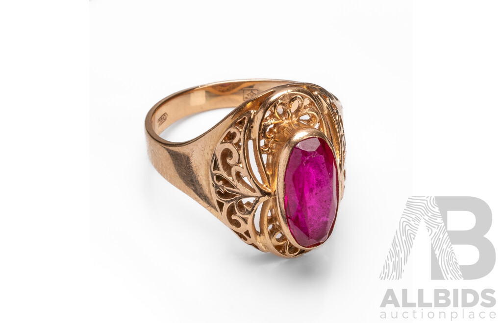Vintage 14ct Rose Gold & Ruby Signet Ring - Size P.5