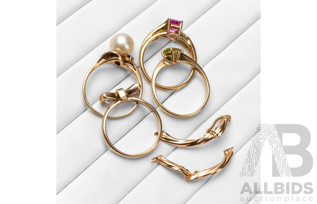Collection of 9ct Yellow Gold Rings with Topaz, Peridot, Pearl, Sapphires, Diamonds & Created Ruby - 9.97gms