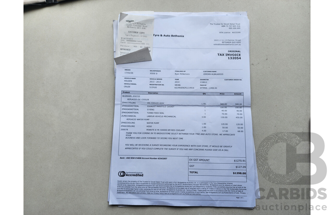 02/2015 Holden Cruze SRi V JH MY15 5d Hatchback Black 1.6L