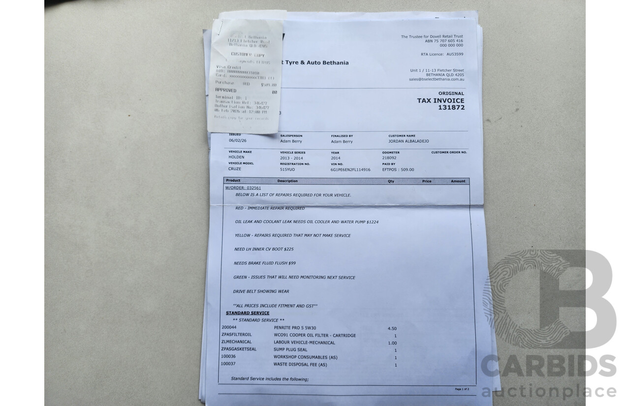 02/2015 Holden Cruze SRi V JH MY15 5d Hatchback Black 1.6L