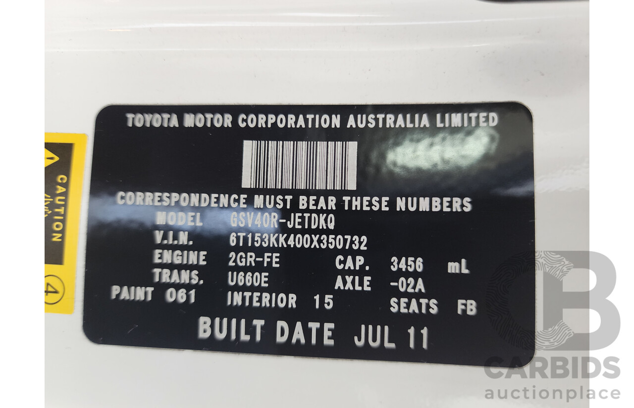 07/2011 Toyota Aurion Touring SE GSV40R 09 UPGRADE 4d Sedan White 3.5L