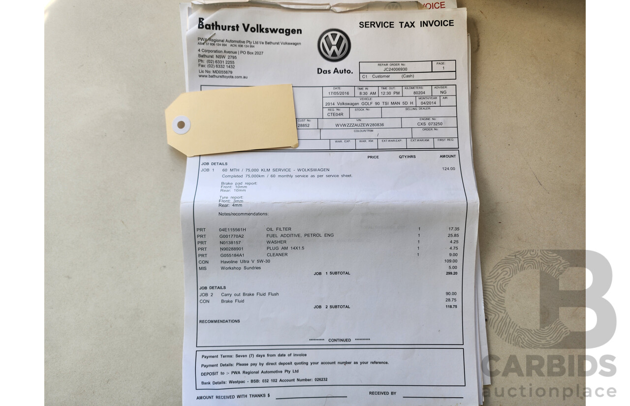 04/2014 Volkswagen Golf 90 TSI AU MY14 5d Hatchback White 1.4L