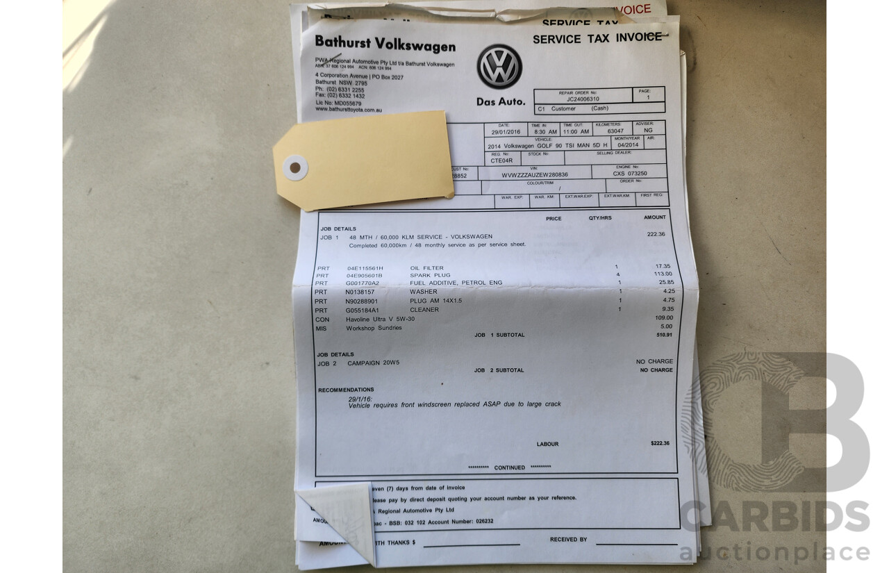 04/2014 Volkswagen Golf 90 TSI AU MY14 5d Hatchback White 1.4L