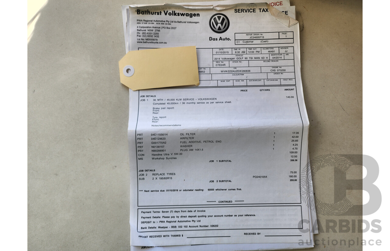 04/2014 Volkswagen Golf 90 TSI AU MY14 5d Hatchback White 1.4L