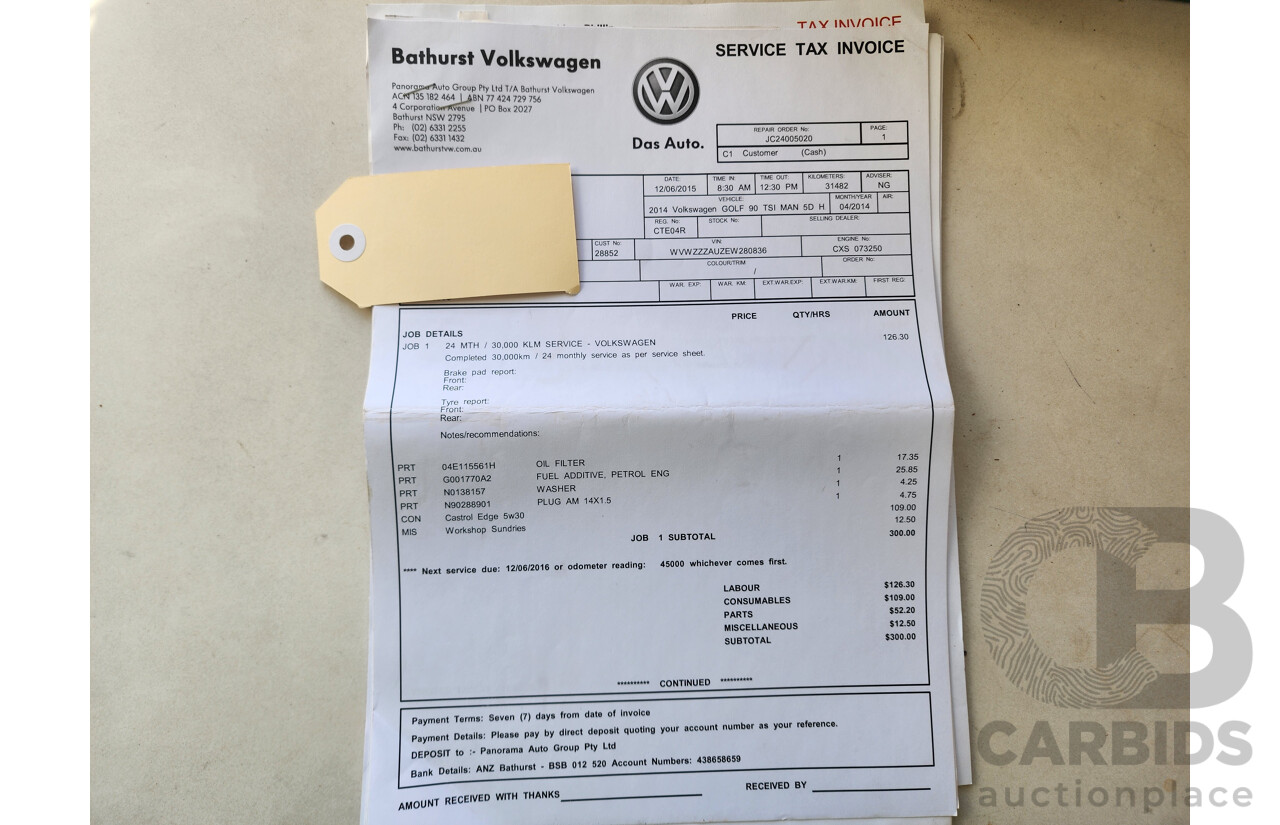 04/2014 Volkswagen Golf 90 TSI AU MY14 5d Hatchback White 1.4L