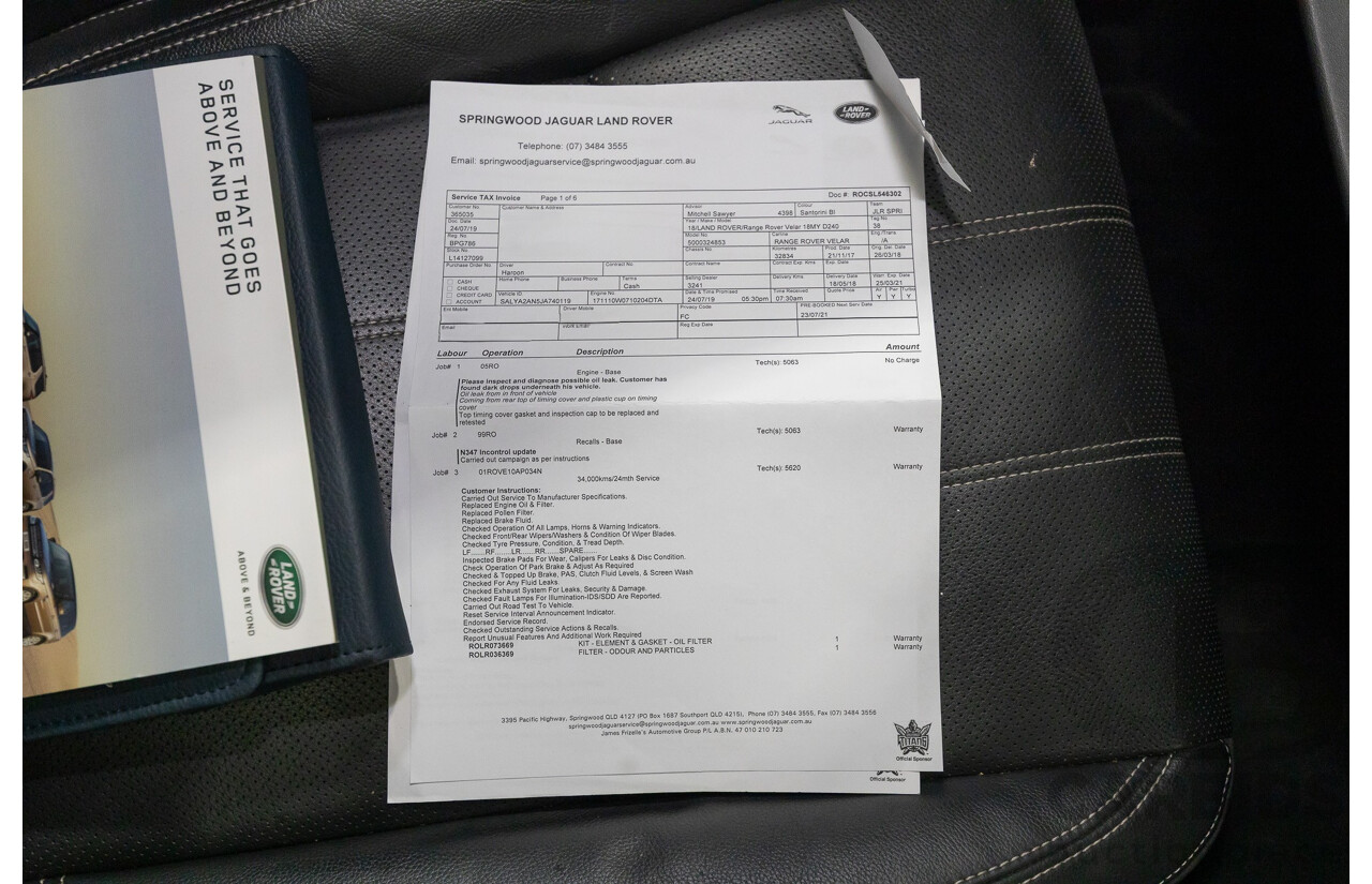 1/2018 Range Rover Velar D240 R-Dynamic S (AWD) MY18 4d Wagon Santori Black Metallic Twin Turbo Diesel 2.0L