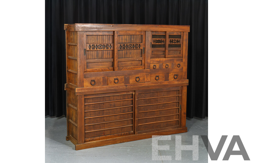 Wooden Two Piece Japanese Mizuya Tansu Cabinet
