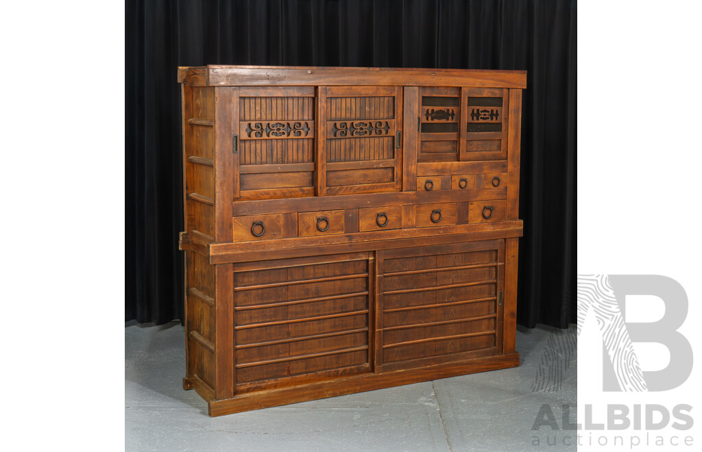 Wooden Two Piece Japanese Mizuya Tansu Cabinet