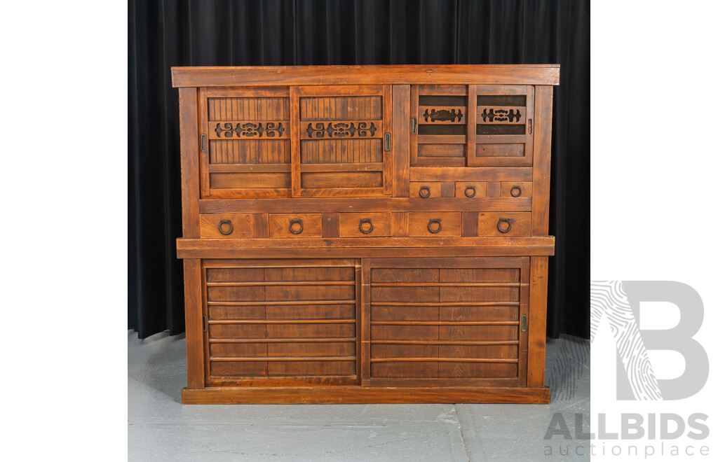 Wooden Two Piece Japanese Mizuya Tansu Cabinet