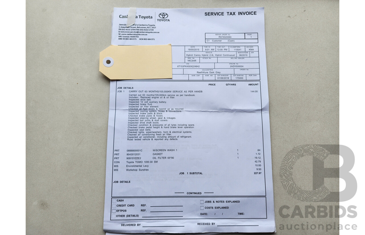 06/2010 Toyota Camry Hybrid AHV40R 4d Sedan Blue 2.4L