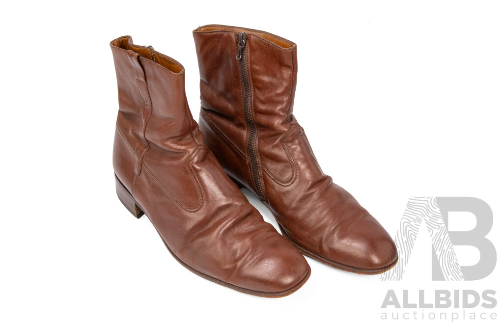 Men's Tan-Brown Full-Leather Zip-Up Ankle Dress Boots by Bally, Switzerland - Size 10E