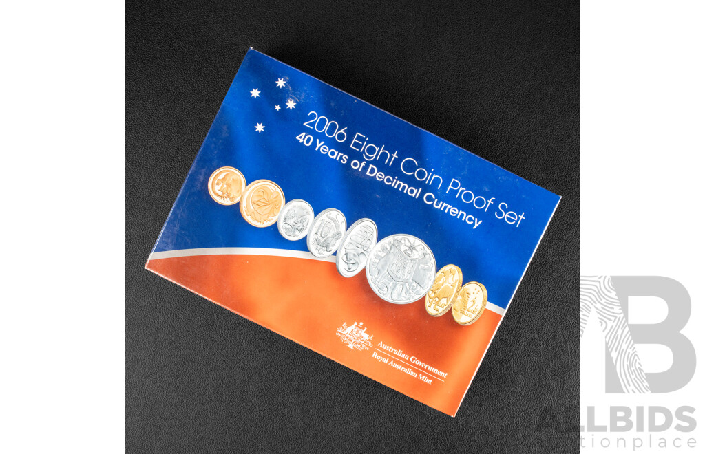 Australian RAM 2006 Eight Proof Coin Set, Forty Years of Decimal Currency Including Round Silver Fifty Cent Coin .800