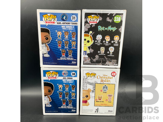Funko Pops! Figures Including NBA #31 Karl-anthony Towns, NBA #38 Joel Embiid, RICK and MORTY #338 Alien Morty, CHRISTOPHER ROBIN #438 Winnie the Pooh - Lot of 4
