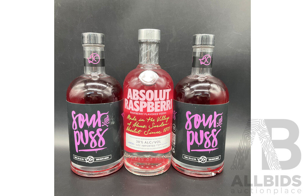 ABSOLUT RASPBERRI 700ML, SOUR PUSS Sour Grape Liqueur 700ML - LOT of 3