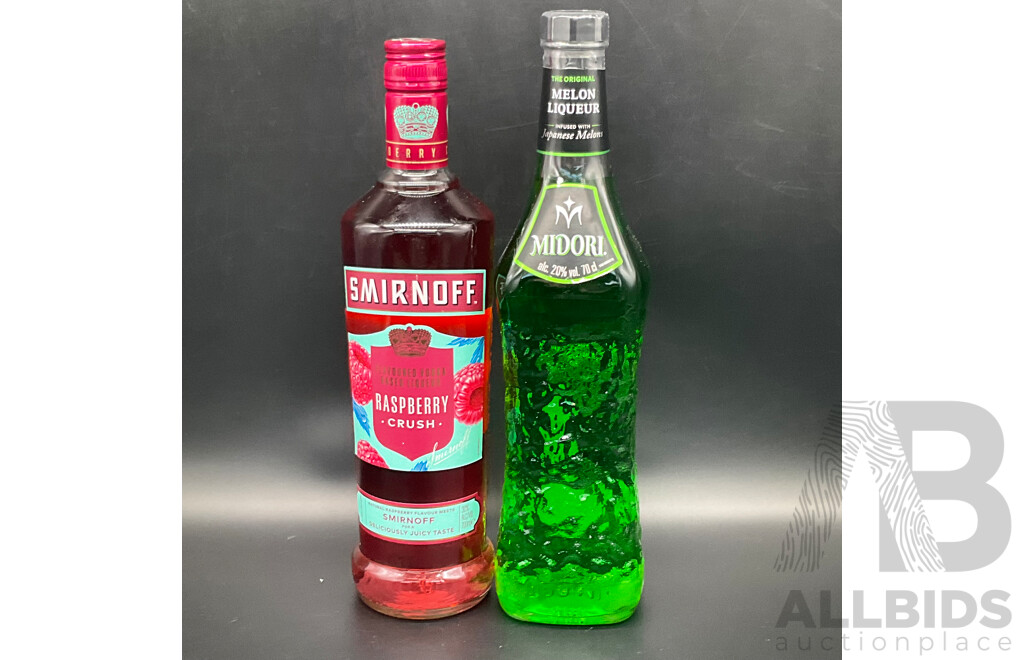 SMIRNOFF VODKA RASPBERRY CRUSH 700ML, MIDORI 700ML - LOT of 2