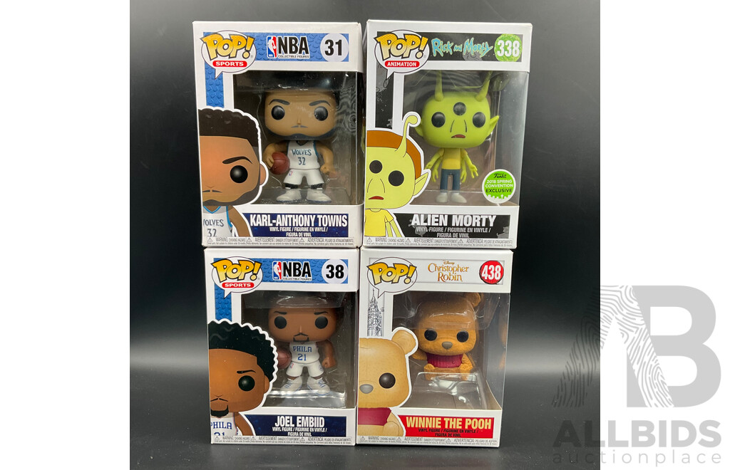 Funko Pops! Figures Including NBA #31 Karl-anthony Towns, NBA #38 Joel Embiid, RICK and MORTY #338 Alien Morty, CHRISTOPHER ROBIN #438 Winnie the Pooh - Lot of 4