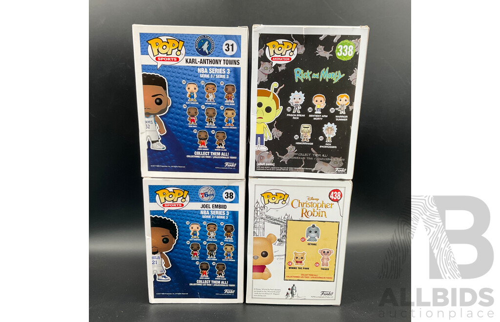 Funko Pops! Figures Including NBA #31 Karl-anthony Towns, NBA #38 Joel Embiid, RICK and MORTY #338 Alien Morty, CHRISTOPHER ROBIN #438 Winnie the Pooh - Lot of 4