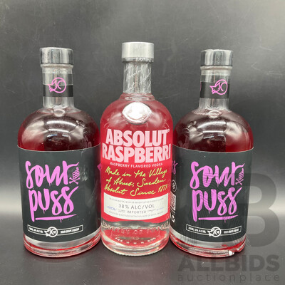 ABSOLUT RASPBERRI 700ML, SOUR PUSS Sour Grape Liqueur 700ML - LOT of 3