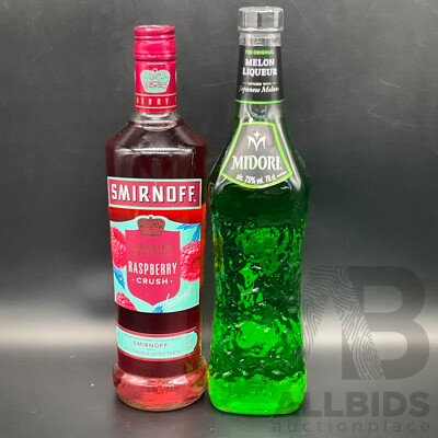 SMIRNOFF VODKA RASPBERRY CRUSH 700ML, MIDORI 700ML - LOT of 2