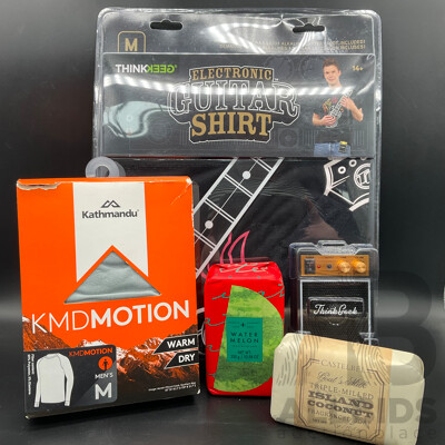 THINKGEEK Electronic Guitar Shirt, KATHMANDU KMDMotion Mens Long Sleeve, Bath Soap - Lot of 4