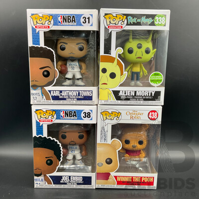Funko Pops! Figures Including NBA #31 Karl-anthony Towns, NBA #38 Joel Embiid, RICK and MORTY #338 Alien Morty, CHRISTOPHER ROBIN #438 Winnie the Pooh - Lot of 4