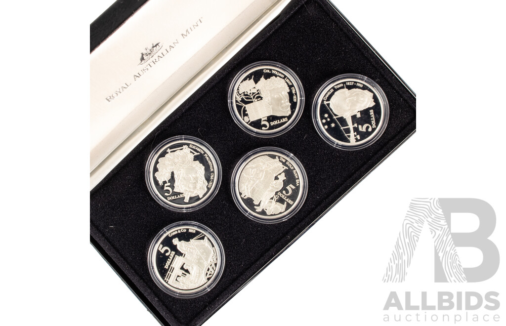 Australian 1995 Masterpieces in Silver Five Silver Proof Five Dollar Coins, Colonial Australia .925