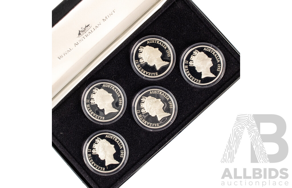 Australian 1995 Masterpieces in Silver Five Silver Proof Five Dollar Coins, Colonial Australia .925