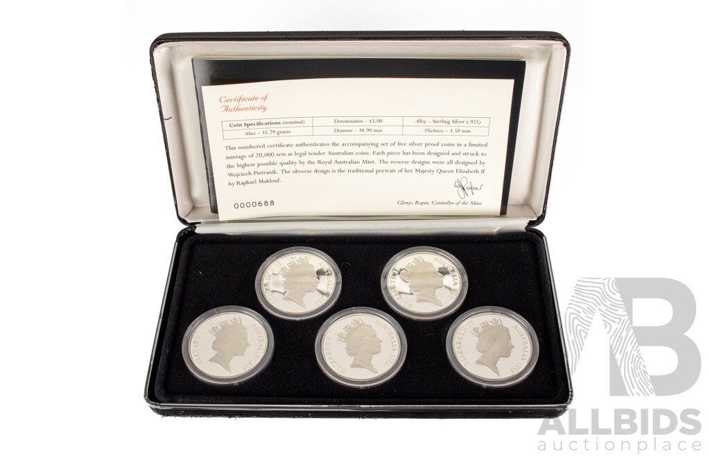 Australian 1995 Masterpieces in Silver Five Silver Proof Five Dollar Coins, Colonial Australia .925