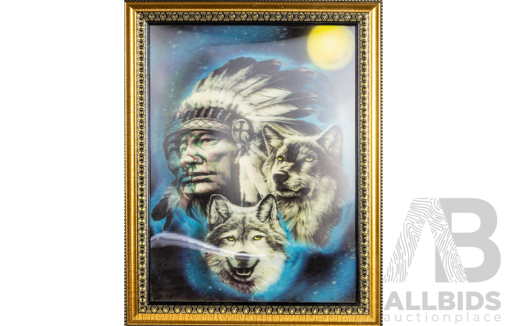 Artist Unknown (20th Century), Blue Native [American Legends; Wolves Chief], Vintage Hologram 3D Lenticular Print, 46H x 37W cm (frame)