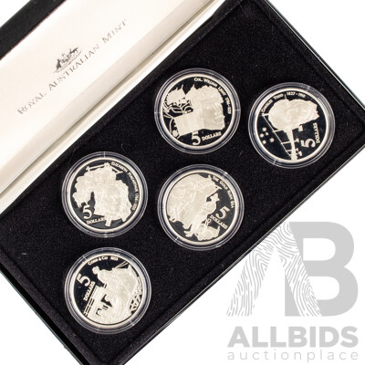 Australian 1995 Masterpieces in Silver Five Silver Proof Five Dollar Coins, Colonial Australia .925